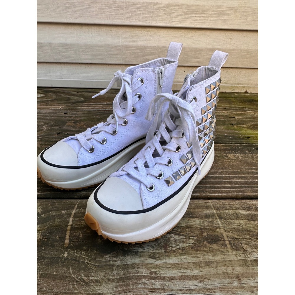 Steve Madden White Platform Studded High Top Sneakers Womens Lug Sole Side Zip